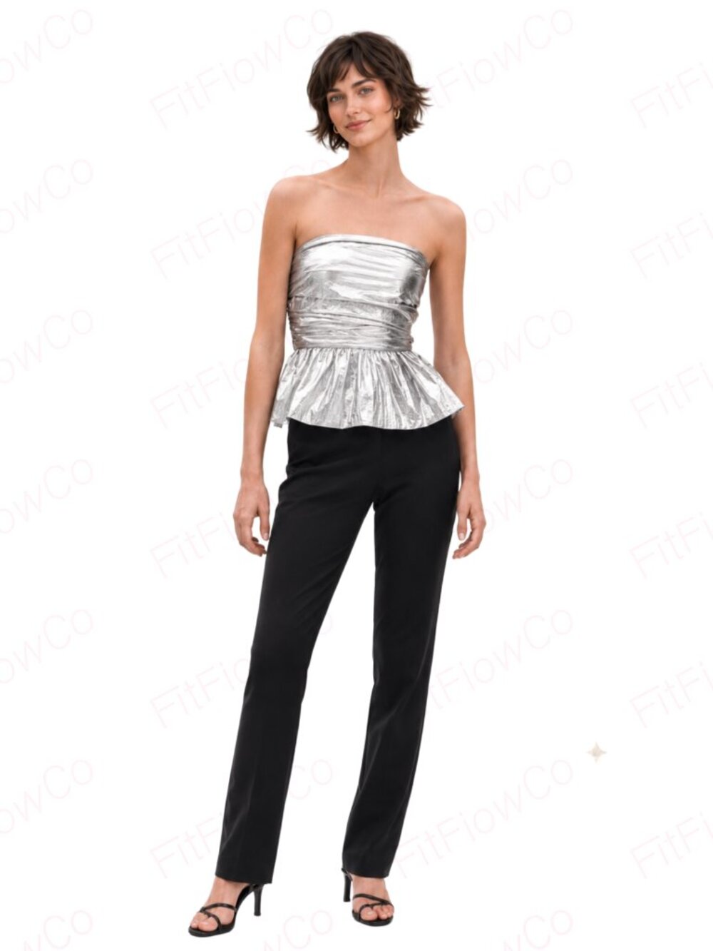 Mango Metallic Strapless Peplum Top Silver Size M Fitted